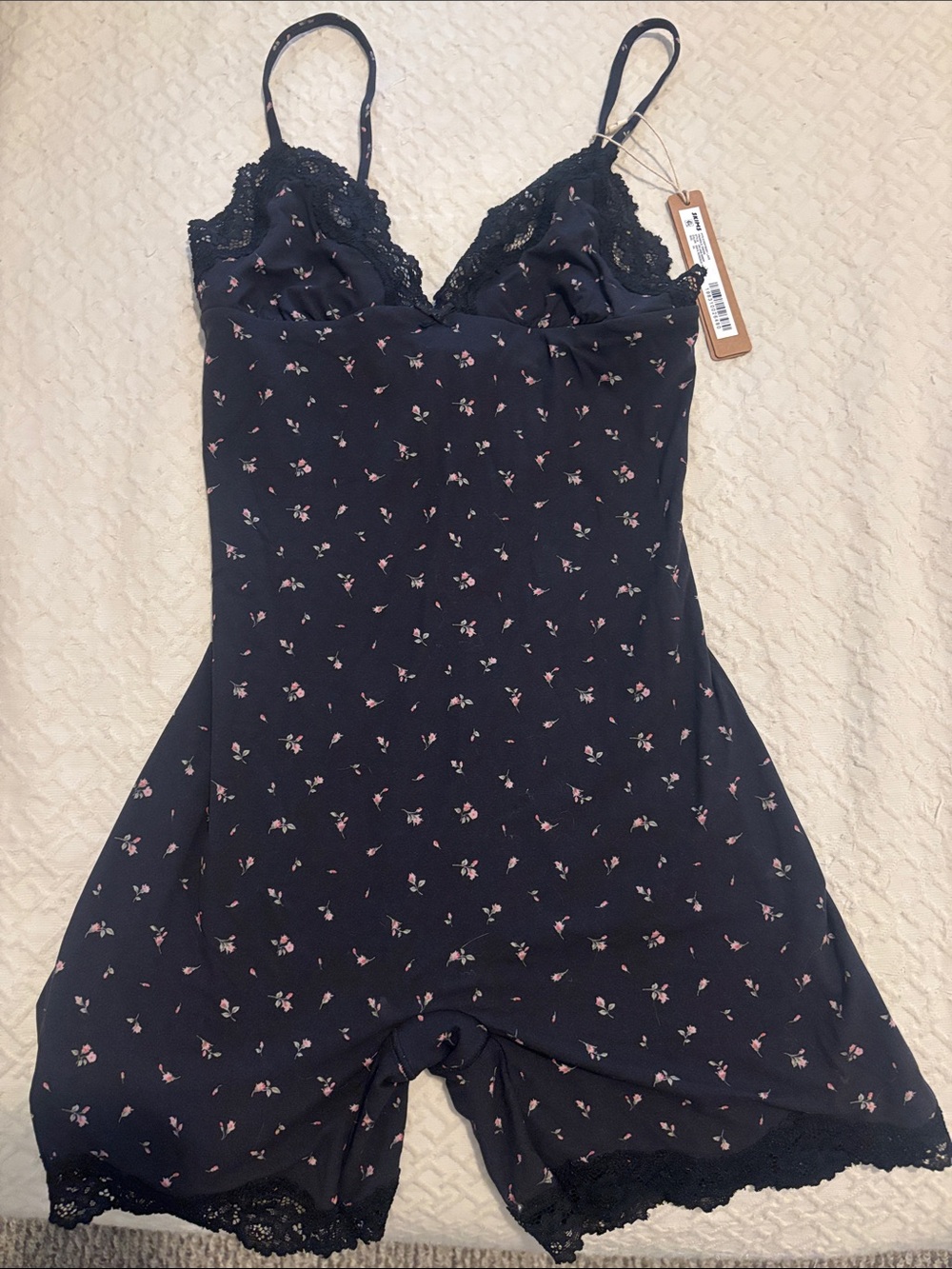 Skims Black Floral Lace-Trim Romper Slip